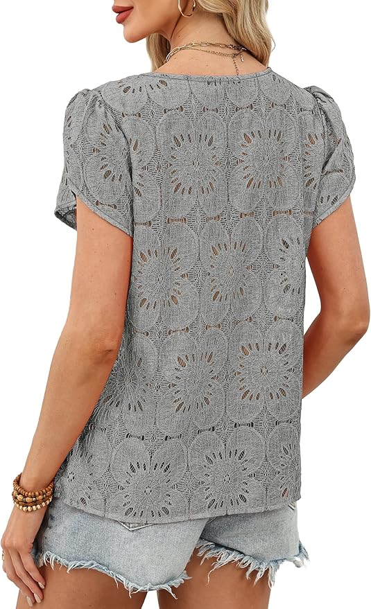 OFEEFAN Blouses for Women Dressy Casual Petal Short Sleeve Shirts Crochet Lace Boho Tops Spring Fashion Summer Outfits