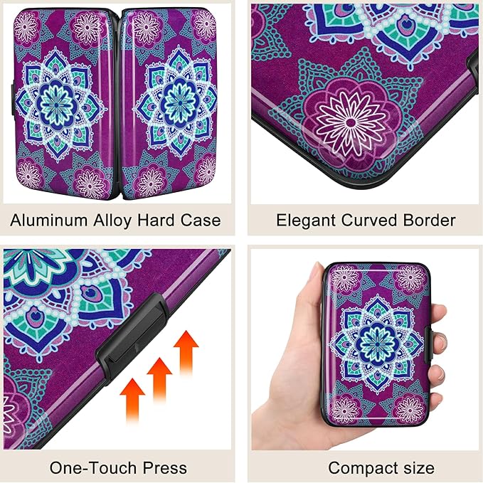 ELFISH Mini RFID Aluminum Wallet Credit Cards Holder Business Card Case Metal ID Case for Men Women (Purple flower)