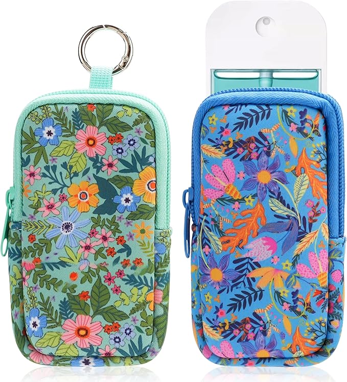 KJQJLY 2 Pack Hand Sanitizer Holder Pouch, Zippered Portable Sanitizer Case with Cute Pattern, Keychain D-Ring for Purse, Backpack & Travel
