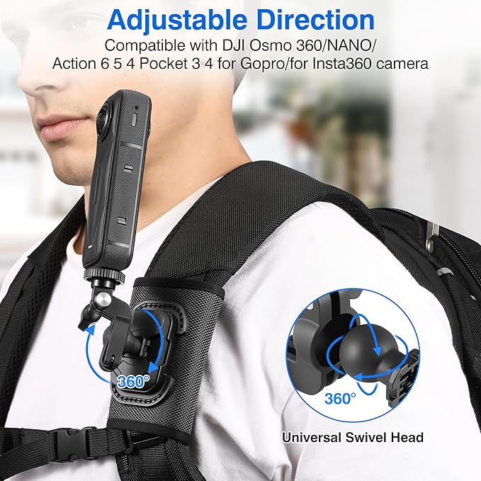 Backpack Mount Shoulder Strap Clip Holder 360° Bag Belt Adjust Quick Release Adapter for Insta360 X5 X4 Air Ace Pro 2 for DJI Osmo 360 Nano Action 6 5 Pro Pocket 3 for GoPro Max2 13 12 11 Accessories