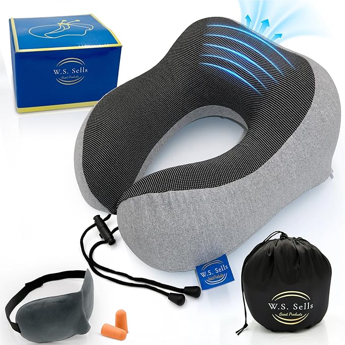 W.S. Sells Travel Neck Pillows for Airplanes - Pure Memory Foam with Ergonomic Design & Breathable Fabric - Travel Pillows for Airplanes & Cars - Set of Travel Essentials with Sleep Mask & Ear Plugs