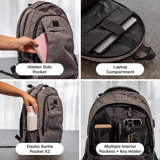 (Not Made In China) Travel Laptop Backpack, Anti-Theft Pocket, Slim Bookbag For College School Business, Holds 15.6 Inch Computer, USB Charging Port