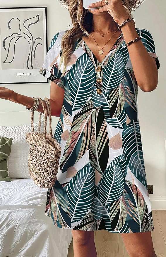WIHOLL Summer Dresses for Women with Sleeves Midi Dress Button Down Beach Vacation Casual Dresses Fashion Clothing