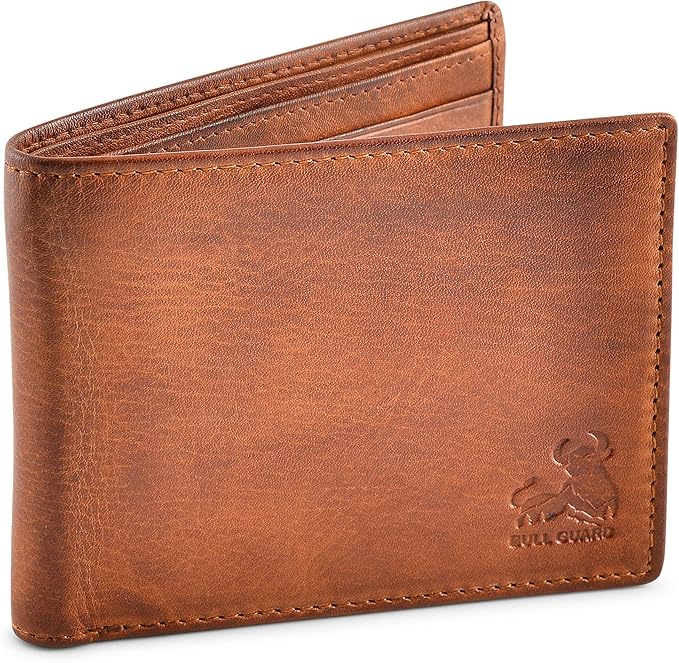 BULL GUARD RFID Blocking Bifold Wallets for Men, Brown Full Grain Leather Credit Card Wallet with 2 ID Windows Premium Security and High Capacity | RFID Blocking, Credit Card Wallet, with 2 ID Windows, Premium Security, High Capacity