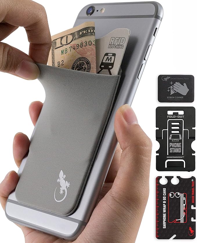 Phone Wallet - Adhesive Card Holder - Cell Phone Pouch - Stick on Lycra Pocket by Gecko - Carry Credit Cards and Cash