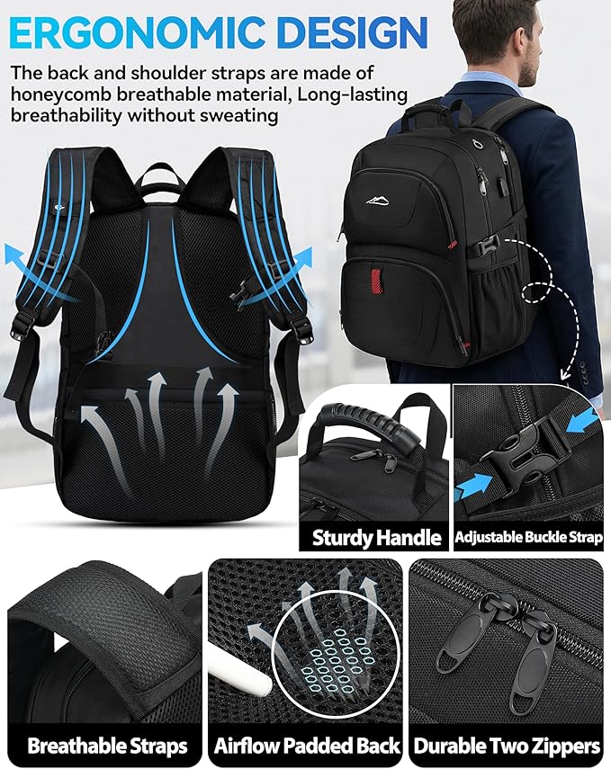 ProEtrade Travel Backpack, Extra Large Laptop Backpack School Business Anti Theft TSA Approved College Work Computer Bag Fits 17 Inch Laptop with USB Charging Port Bookbag for Women Men(Black)