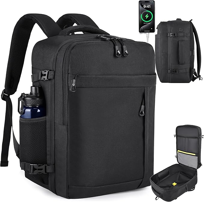 HILOMON Black Travel Backpack for Men Women, TSA Approved Personal Item Size 18x14x8 Under Seat Backpack for Airplanes 15.6inch Laptop 30L Luggage Carry On Bag