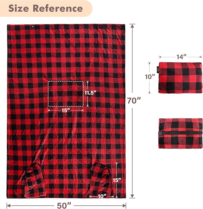 Tirrinia Travel Portable Blanket with Feet Pocket Airplane Office Poncho 4 in 1 Zippered Front Pocket Premium Cozy Fleece Blankets with Built-in Bag