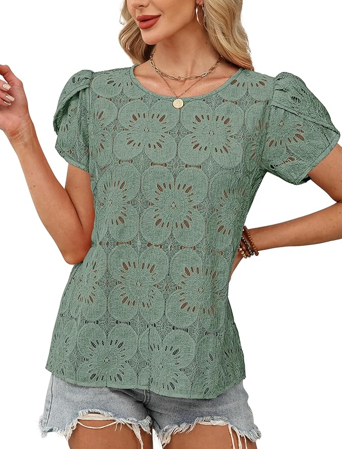 OFEEFAN Blouses for Women Dressy Casual Petal Short Sleeve Shirts Crochet Lace Boho Tops Spring Fashion Summer Outfits