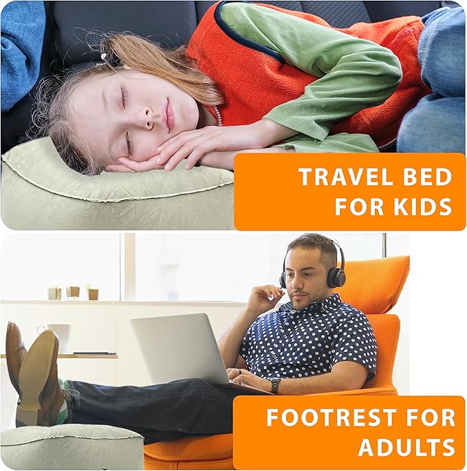 Inflatable Travel Foot Rest Pillow - Adjustable Leg Rest for Airplane, Car, Train, Home & Office, Comfortable Seat Extender for Kids - Grey