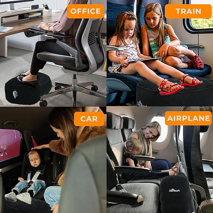 Inflatable Travel Foot Rest Pillow - Adjustable Leg Rest for Airplane, Car, Train, Home & Office, Comfortable Seat Extender for Kids - Black
