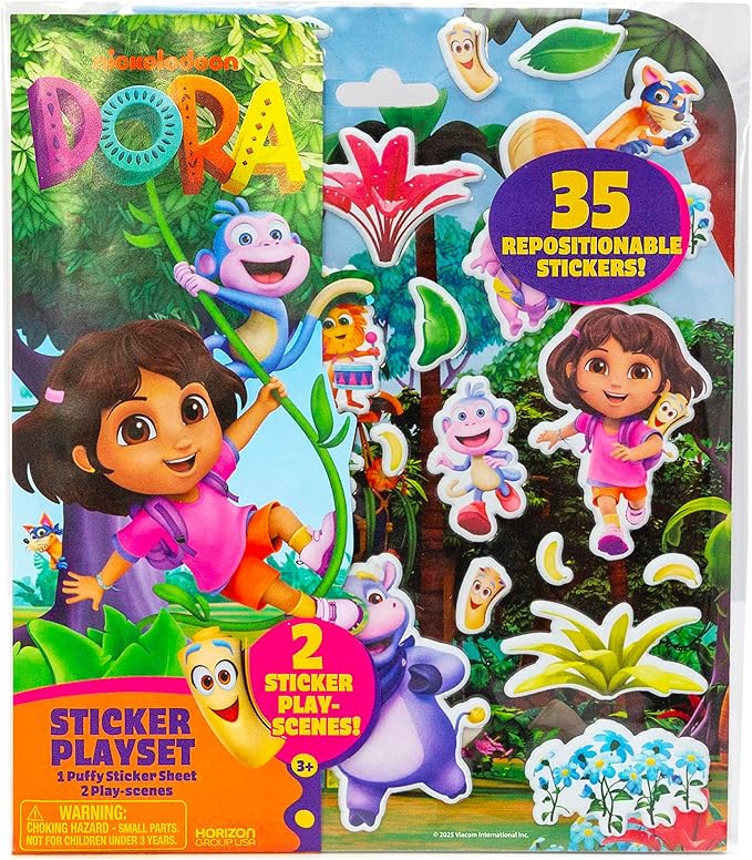 Dora Puffy Sticker Playset, 35 Reusable Stickers and 2 Play Scenes, Fun Kids Activities, Toddler Toys, Road Trip Essentials, Gifts for 4 Year Old Girl, Mess Free Airplane Toy for Little Ones