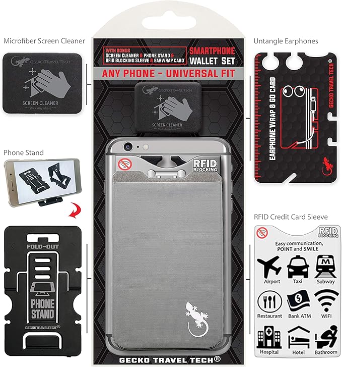 Phone Wallet - Adhesive Card Holder - Cell Phone Pouch - Stick on Lycra Pocket by Gecko - Carry Credit Cards and Cash