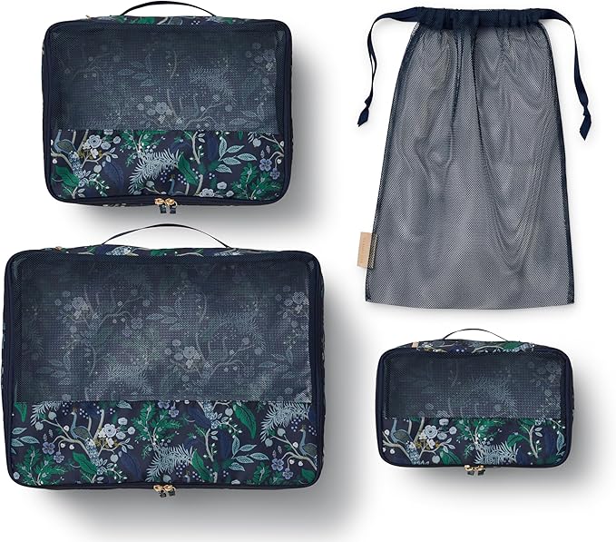 RIFLE PAPER CO. Soft Sided Packing Cubes Set of 3 (Includes 3 Different Sizes and a Laundry Bag, Travel Must Have Accessory, Stylized Pattern), Peacock
