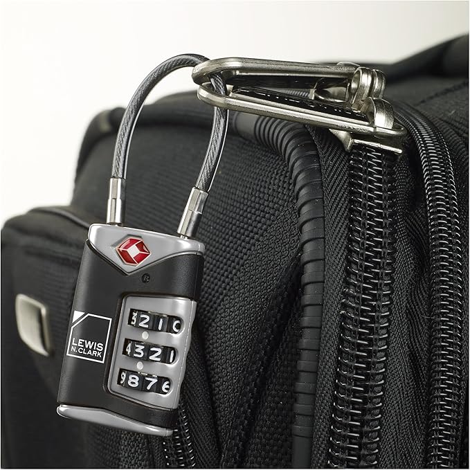 Lewis N. Clark TSA Approved Luggage Lock + Steel Cable for Suitcase, Carry On, BackPack, Laptop Bag + Purse, Perfect For Airport, Hotel or Gym - Set + Reset Your Own Combo, Black