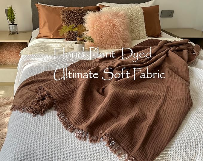 KyraHome 100% Organic Cotton Throw Blankets for Couch, 50" x60“, Pre-Washed Breathable Lightweight Gauze Muslin Blankets for Adults, Napping, Picnic, All-Season, Brown
