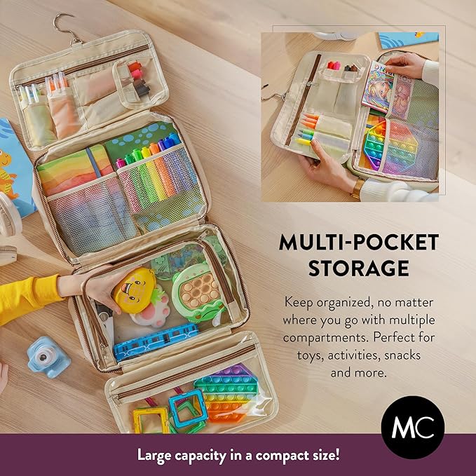 Kids Travel Organizer – Multi-Compartment, Water-Resistant Hanging Bag for Toys, Snacks, & Activities - Compact, Lightweight Design with Hook & Carry Handle - Perfect for Travel Use (Beige, Large)