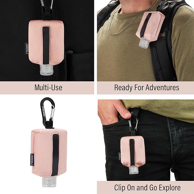 2nd Childhood Travel Hand Sanitizer Keychain – Small Refillable 2 oz Bottle with Clip-On Holder – Portable Sanitizer Case for Purse, Backpack, Gym Bag (Pink)