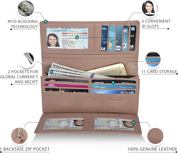 Real Leather Women Wallet Leather with RFID Blocking -Trifold Card Holder Designer Ladies Clutch with ID Window Wallets