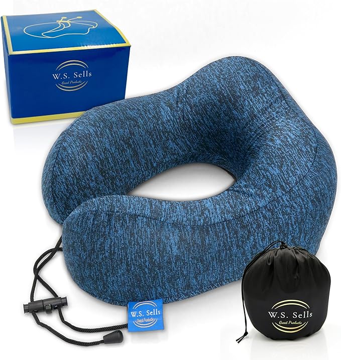 W.S. Sells Travel Neck Pillows for Airplanes - Pure Memory Foam with Ergonomic Design & Breathable Fabric - Travel Pillows for Airplanes & Cars - Set of Travel Essentials with Sleep Mask & Ear Plugs