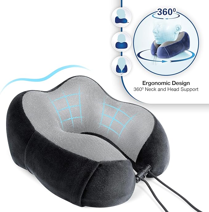 Cloudz Tech Memory Foam Travel Neck Pillow with Blackout Sleep Mask and Ear Plugs - Black