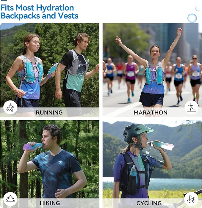MARCHWAY Soft Hydration Flask with Wide Mouth, 300ml/500ml Collapsible TPU Water Bottle, Leakproof Portable Flexible for Running, Hiking, Cycling, Climbing, Gym, Travel (2pcs Blue-Purple 500ml)