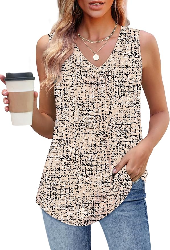 OFEEFAN Tank Top for Women Loose Fit Sleeveless Shirts V Neck Summer Clothes Ruched Women's Tees and Tanks Curved Hem