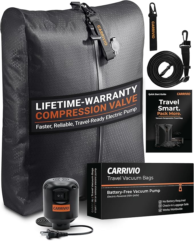Vacuum Seal Bags for Clothing Travel - Lifetime Valve Warranty, Waterproof - Travel Vacuum Bags with Pump, Packing Cubes Compression - Pack Smarter, Save Space with Plug-In Power (Large, 1 Count)