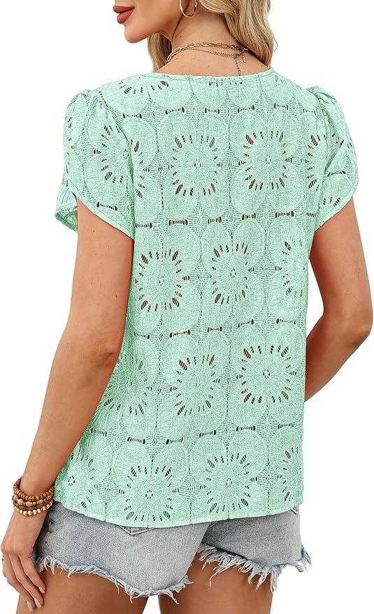 OFEEFAN Blouses for Women Dressy Casual Petal Short Sleeve Shirts Crochet Lace Boho Tops Spring Fashion Summer Outfits