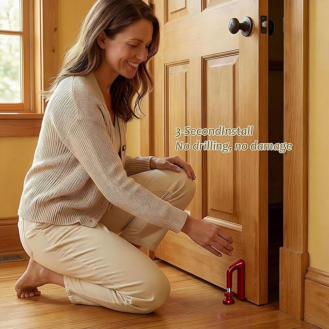 Portable Hotel Door Lock Stopper Travel Security Brace Safety, No Drill Stop Bar Fits Inward Swinging Doors Safety Self Defense Personal Protection for Apartment, Red, 1 Pack
