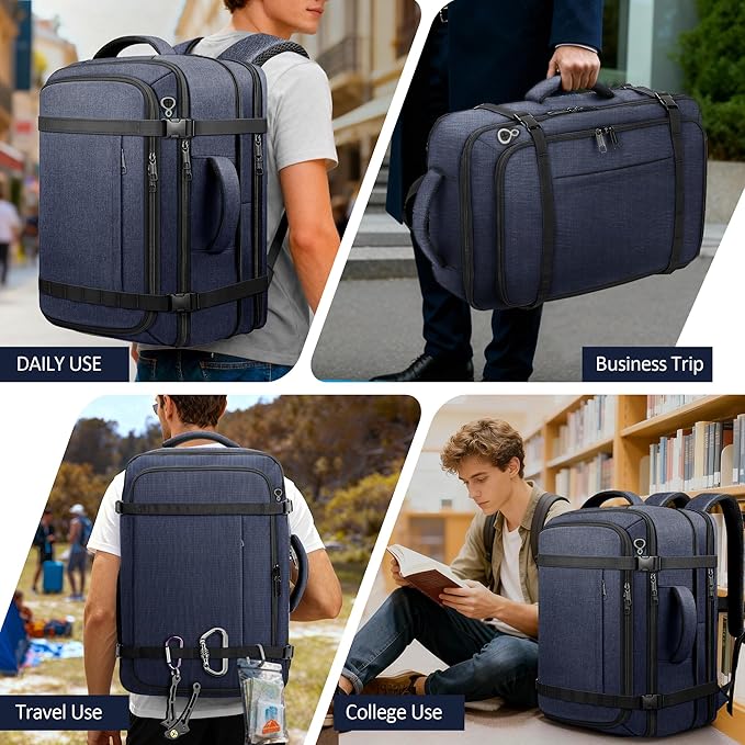 Flight Approved Travel Backpack with LifetimeWarranty,Expandable Carry on Backpack 40-50L with USB Cable Port,Fits 17.3"Laptop,Flight TSA friendly,Anti Theft Laptop Backpack Travel,Commuting,Blue