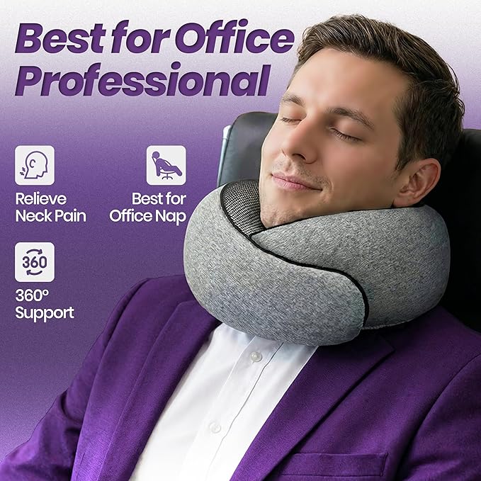 Travel Neck Pillow 100% Memory Foam, Ergonomic 360° Support Pillow for Flights, Car, Office & Train, Breathable Travel Essentials for Adults & Kids, Neck Pain Relief, (GREY)