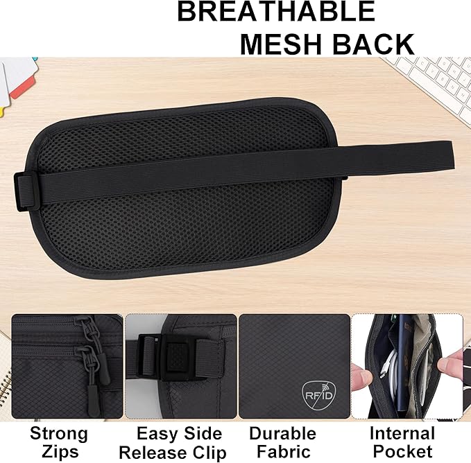 SUPACOOL Money Belt, Hidden Travel Wallet for Passport, RFID Blocking Passport Pouch, Passport Holder for Travel, Undercover Fanny Pack(Black)