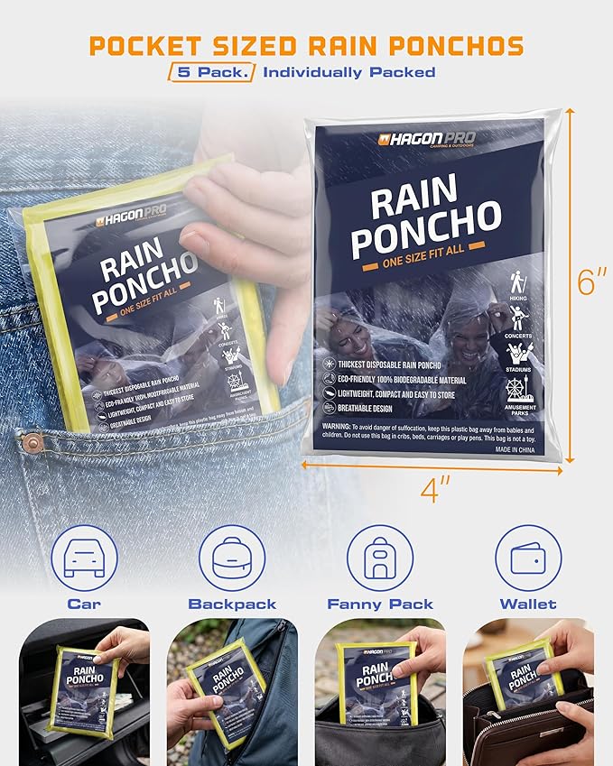 Hagon PRO Disposable Rain Ponchos for Adults (5 Pack)