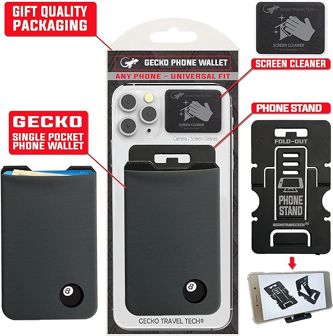 Phone Wallet - Adhesive Card Holder - Cell Phone Pouch - Stick on Lycra Pocket by Gecko - Carry Credit Cards and Cash