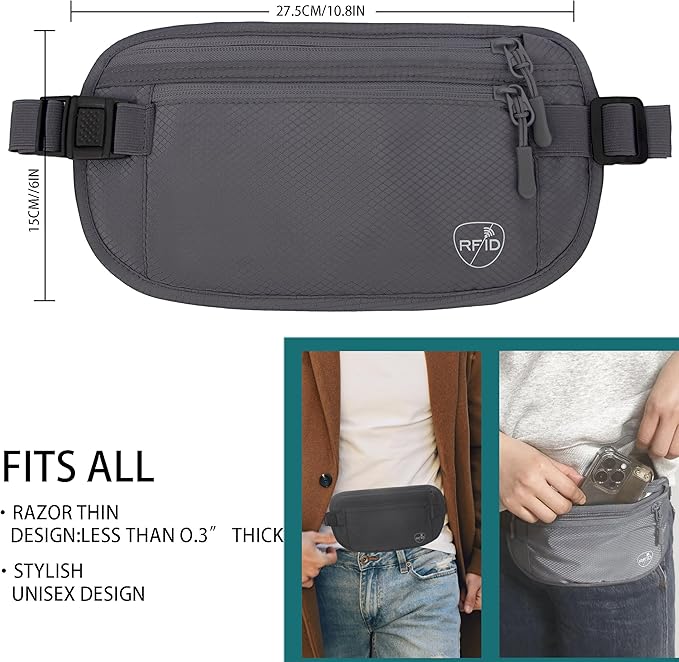 SUPACOOL Money Belt, Hidden Travel Wallet for Passport, RFID Blocking Passport Pouch, Undercover Fanny Pack(Grey)