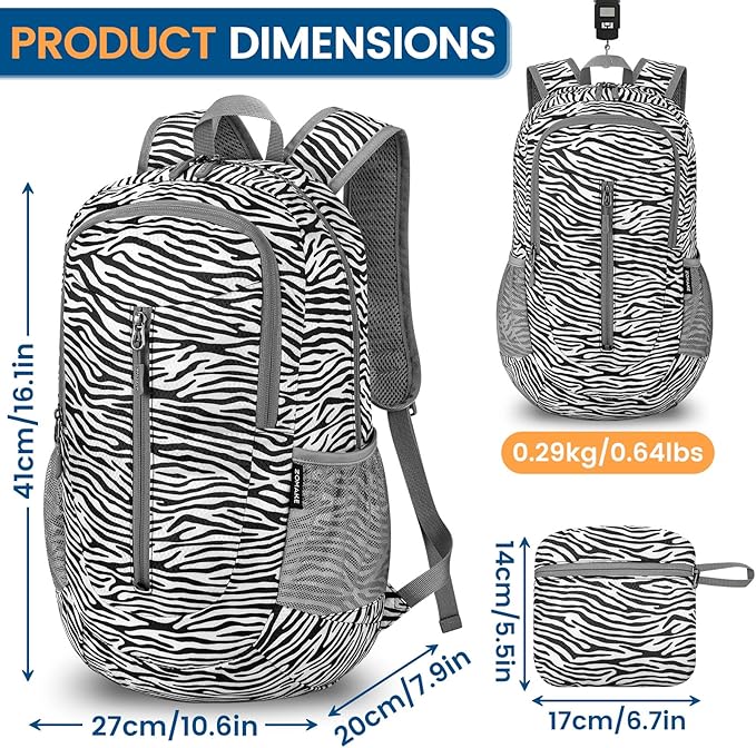 ZOMAKE Ultra Lightweight Packable Backpack 25L - Foldable Hiking Backpacks Water Resistant Small Folding Daypack for Travel(Zebra print)