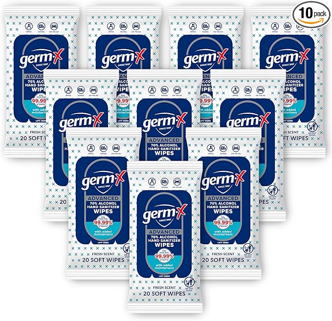 Germ-X Advanced Single-Use Hand Sanitizer Wipes, 20 Soft Wipes (Pack of 10), Fast-Drying & No Rinse Plant-Based Alcohol, Moisturizing Hand Sanitizer with 70% Alcohol