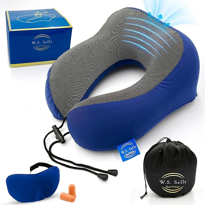 W.S. Sells Travel Neck Pillows for Airplanes - Pure Memory Foam with Ergonomic Design & Breathable Fabric - Travel Pillows for Airplanes & Cars - Set of Travel Essentials with Sleep Mask & Ear Plugs