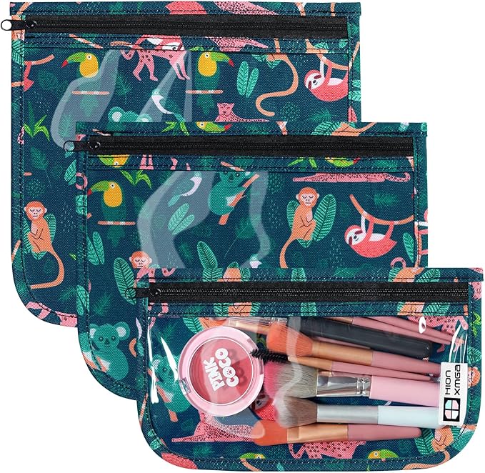 HIONXMGA TSA Approved Toiletry Bag, Set of 3 Clear Travel Toiletry Bag Quart Size Zipper Travel Pouch, Waterproof Makeup Cosmetic Bag for Women Men Kids Toiletries Carry on, Jungle