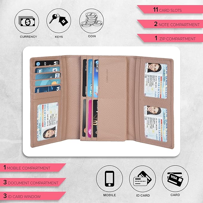 Real Leather Women Wallet Leather with RFID Blocking -Trifold Card Holder Designer Ladies Clutch with ID Window Wallets