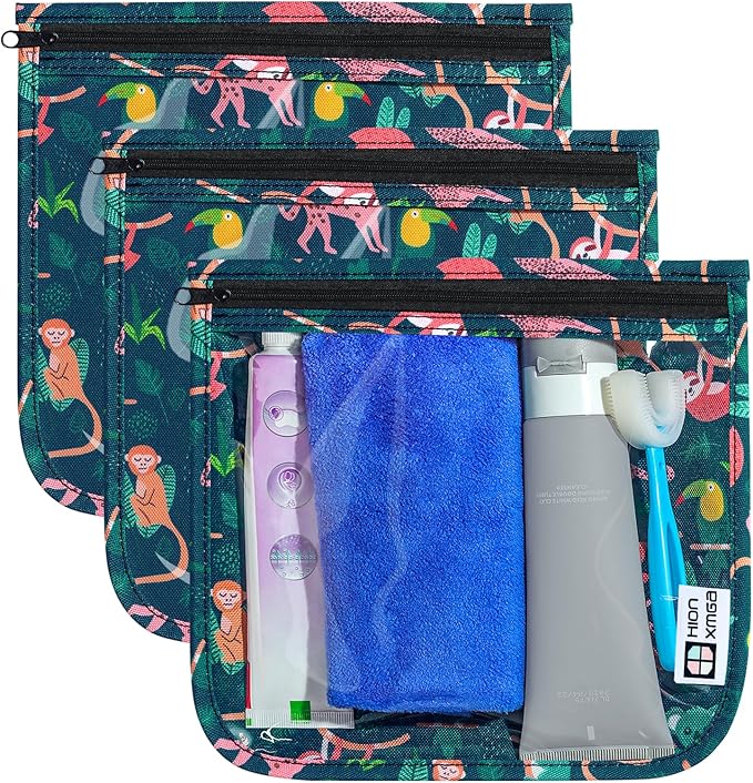 HIONXMGA TSA Approved Toiletry Bag, Set of 3 Clear Travel Toiletry Bag Quart Size Zipper Travel Pouch, Waterproof Makeup Cosmetic Bag for Women Men Kids Toiletries Carry on, Jungle Large