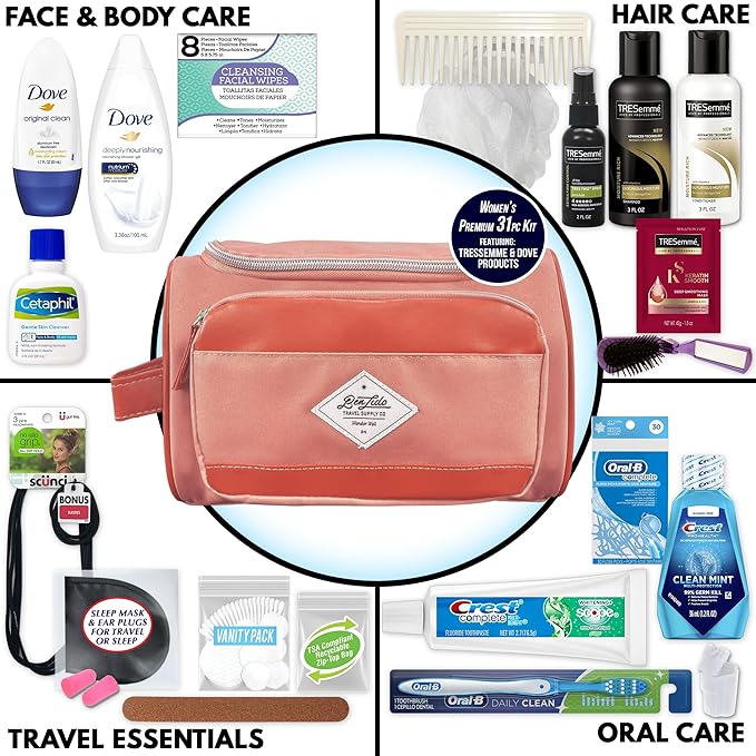 Convenience Kits International Women’s Super Premium 31 pc Travel Kit Featuring: Ensemble of Travel-Size Personal Care Products, Travel Essentials in Large Toiletry Bag (Coral)