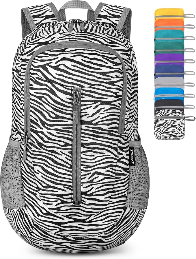 ZOMAKE Ultra Lightweight Packable Backpack 25L - Foldable Hiking Backpacks Water Resistant Small Folding Daypack for Travel(Zebra print)