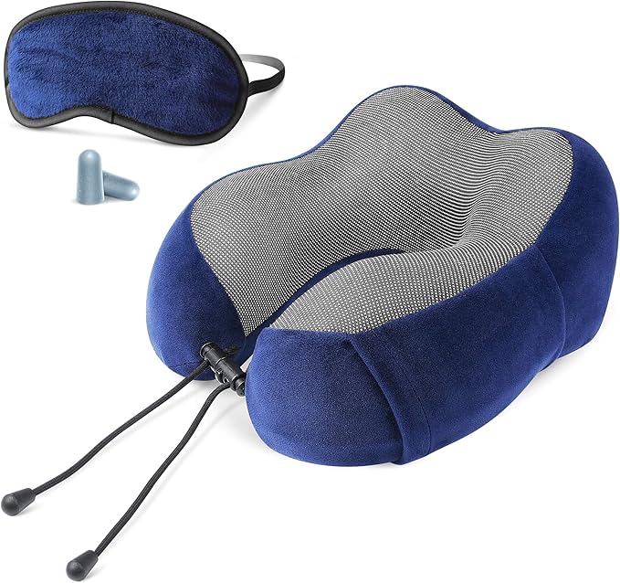 Cloudz Tech Memory Foam Travel Neck Pillow with Blackout Sleep Mask and Ear Plugs - Blue