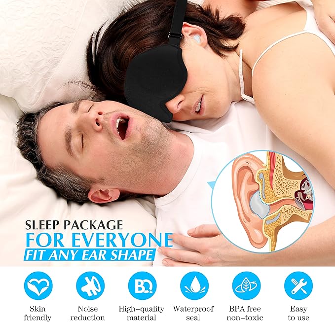 Silicone Earplugs - Ultra Soft Foam Earplugs - Sleep Eye Mask for Men Women, Upgraded 3D Hollowed Design, Value Pack–for Sleeping, Snoring, Travel, Airplanes, Shift Work，32dB Highest NRR