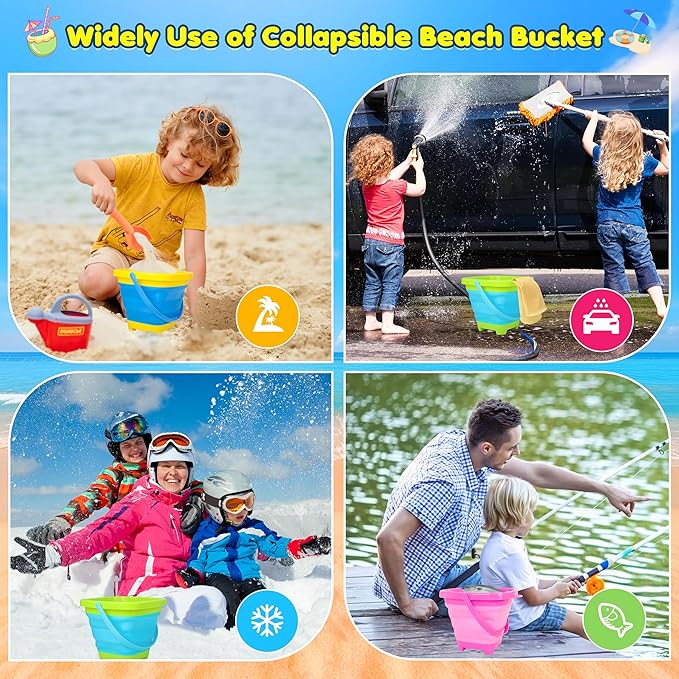 Xgunion Collapsible Beach Sand Bucket 3 Packs Foldable Buckets Set with Shovels & Mesh Bag Collapsible Beach Toys for Kids Summer (Yellow, Blue, Green, Pink, Medium)