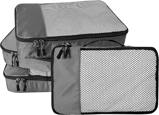 WTREE 4-Piece Packing Cubes Travel Accessories Set for Suitcases - Luggage Organizer Bags with Double Zipper - Mesh Top - Large - Dark Grey