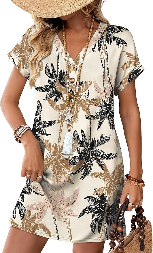 WIHOLL Summer Dresses for Women with Sleeves Midi Dress Button Down Beach Vacation Casual Dresses Fashion Clothing