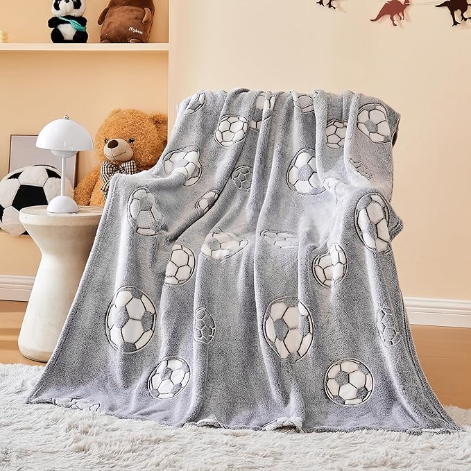 Wajade Soccer Gifts for Boys Girls - Glow in The Dark Soccer Blanket Birthday for Kids Age 3 4 5 6 7 8 9 10 11 12 Years Old Teens Child Toddler Throw Light Grey 40"x50"
